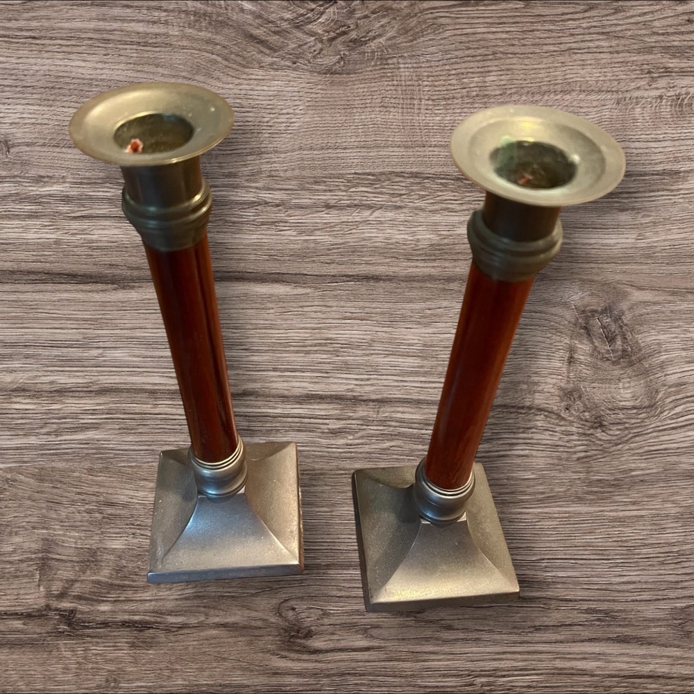 Vintage Wood and Brass Candle Sticks Taper Holders Pair